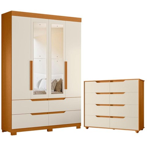 Guarda Roupa Solteiro Doble 04 Portas com Espelho e Cômoda Doble Cinamomo Off White Flex - Móveis Al