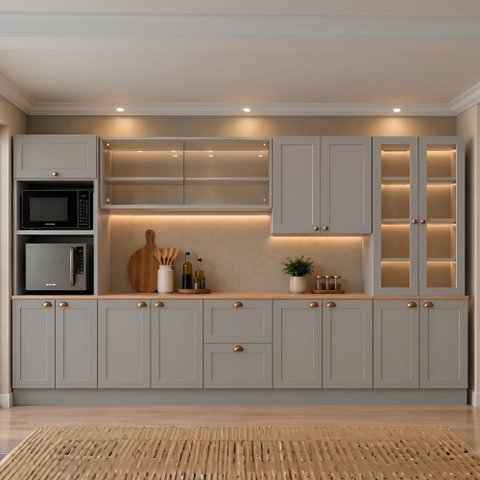 Cozinha Modulada Olivia 6 Peças com Paneleiro Cristaleira e Aéreo com Vidro Reflex Poliman Móveis