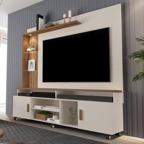 Home para TV Home Davi para TV 80 Polegadas 180cm MDP com LED Off White e Canela