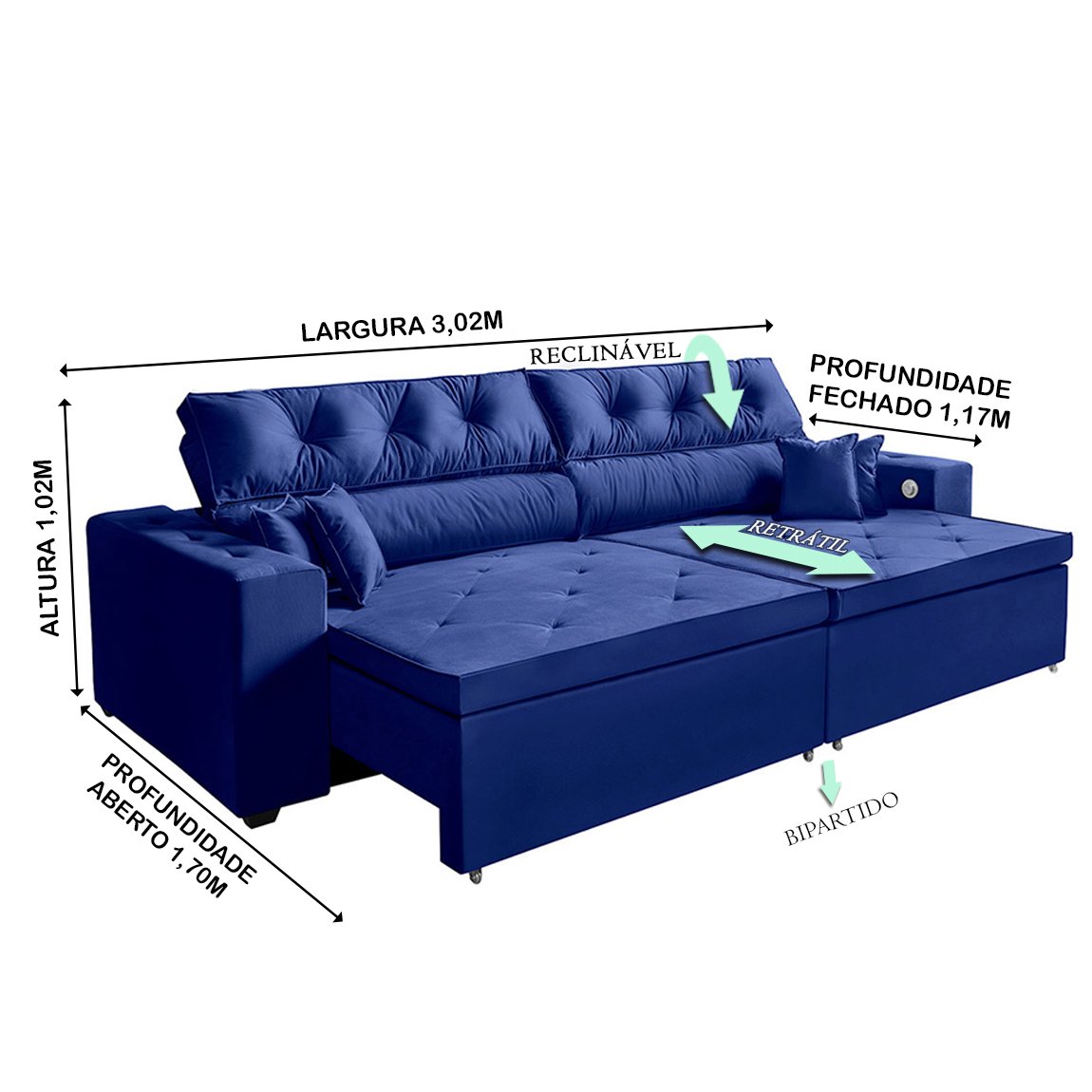 Sofá 5 Lugares Smart 3,02 Metros azul Retrátil, Reclinável Tecnologia Carregamento 3 portas USB - 4