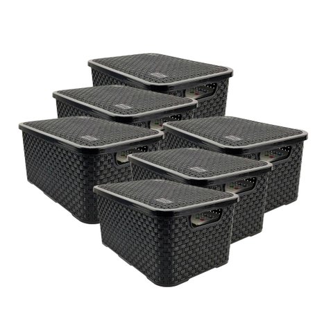 Conjunto Cestos Organizadores 6 Peças Rattan Plástico Resistente Médio Cesto C/ Tampa Capacidade 8L 