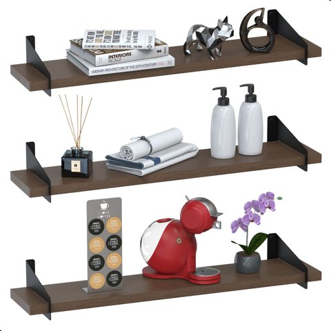 3 Prateleiras Suspensa Estilo Industrial Madeira 50cm Fs Pm:marrom-escuro
