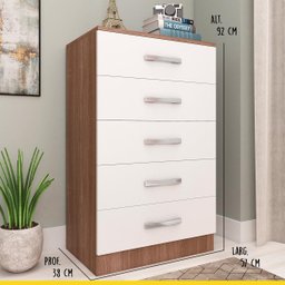 Cômoda Pequena para Quarto 57 x 92 Cm 5 Gavetas MDP Teka Branco - ClickLar - 2