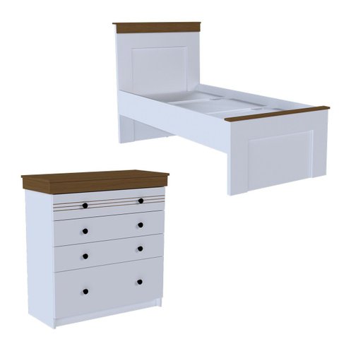 Conjunto Cômoda e Cama de Solteiro England MDF 4 Gavetas Branco/Freijó