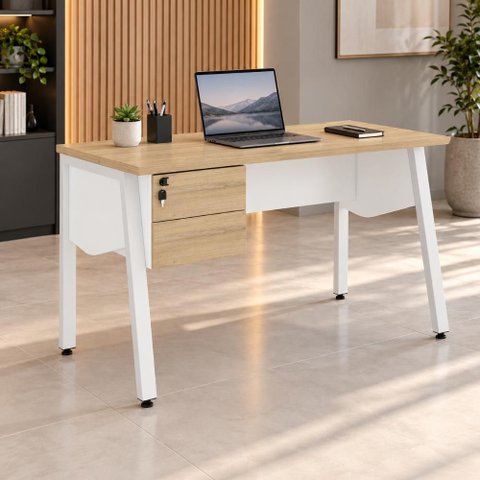 Mesa Escrivaninha 150cm x 60cm com Gaveteiro Suspenso e Tampo Chanfrado F5 Office Cor:Macadâmia com