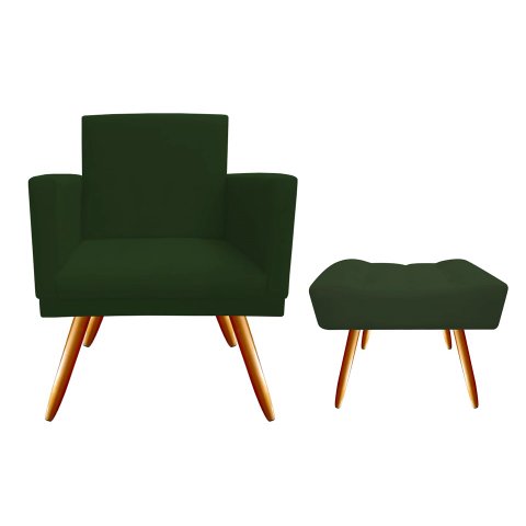 Kit Poltrona Decorativa Nina + Puff Retangular Suede Verde Pés Madeira Ms Decor