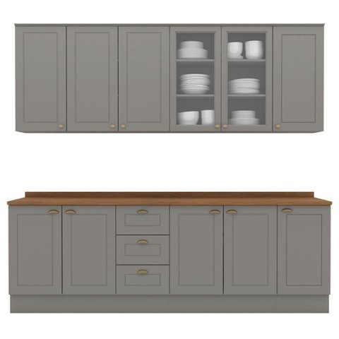 Cozinha Modulada 9 Pecas 240cm Ce856 Americana Henn Cinza Nature