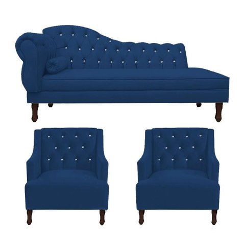 Kit Divã Cancun 185cm Braço Direito + 2 Poltronas Genesis com Strass Suede: Azul Marinho