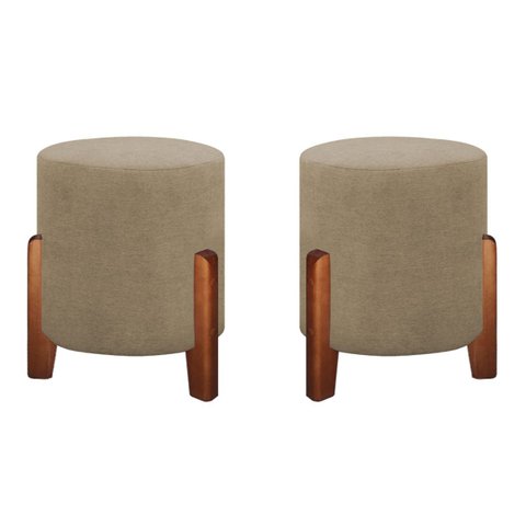 Kit 2 Puff Redondo Luxo Pés em Madeira Luna Linho Moderno Conforto Penteadeira Cor Bege