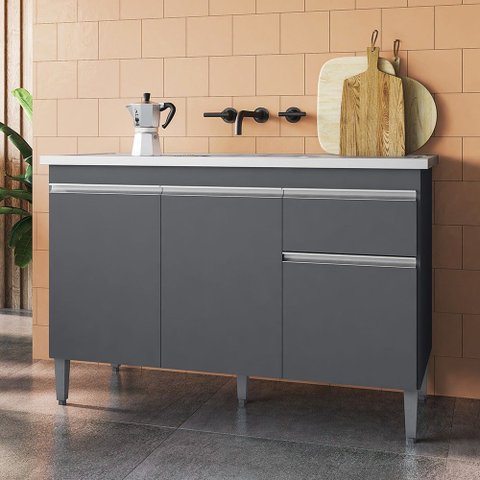 Balcão Gabinete com Pia Inox 120cm 3 Portas e 1 Gaveta Tatiane Cinza - Ajl Móveis