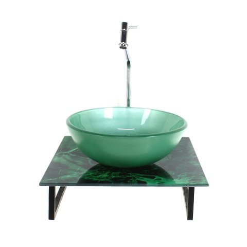 Gabinete de Vidro com Cuba Redonda com Tampo de Vidro 40cm X 40cm Mármore Verde Mais Torneira Metal