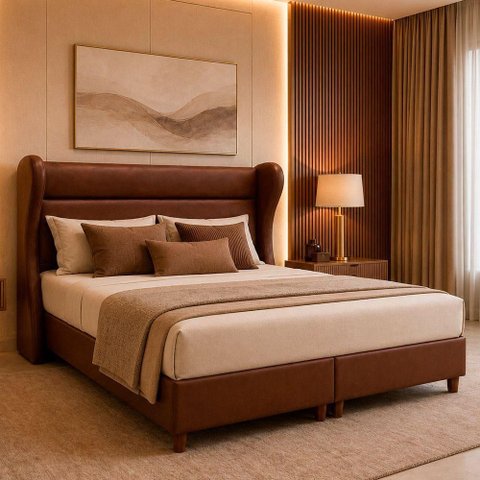 Cama Box Queen com Cabeceira Elegante Courino Marrom Sallar Home
