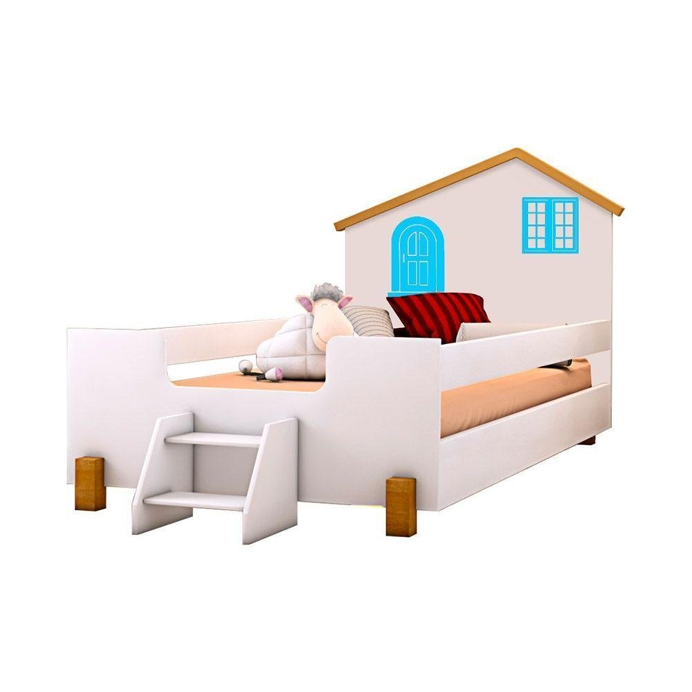 Cama Solteiro Casinha Branco Mel e Azul com 2 Luminárias - 6