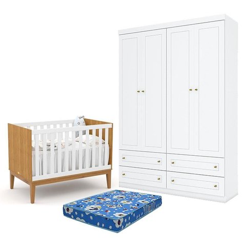 Berço Americano Unique Freijó Branco Soft  Eco Wood - Matic E guarda Roupa Infantil Americano 4 Port
