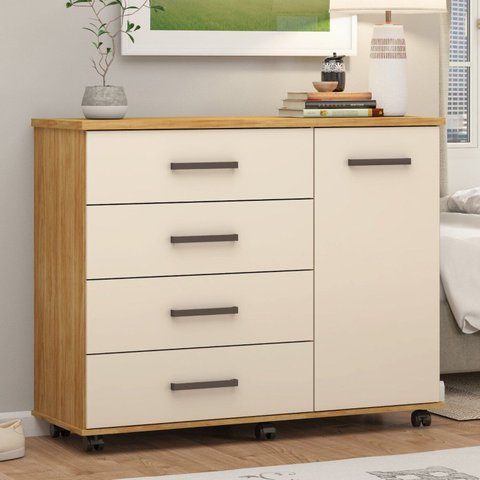 Cômoda para Quarto 4 Gavetas 1 Porta Flora Marrom/Cinamon/Off-White