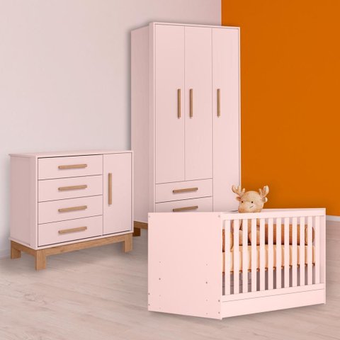 Conjunto Berço Mini Cama, Cômoda Sapateira Slim e Guarda Roupa Slim Rosa