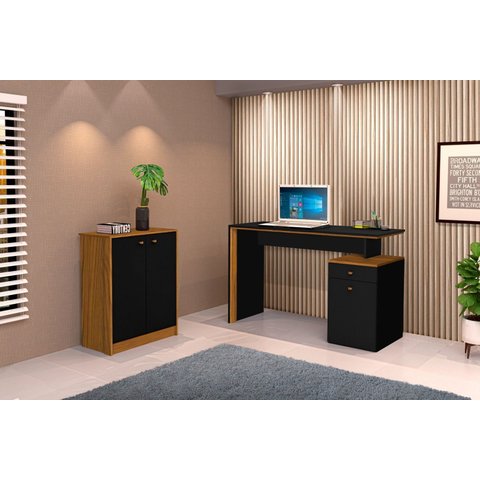 Conjunto e 1 Mesa Escrivaninha e 1 Armário Balcão Office Escritório Preto com Nature - Rede Móveis