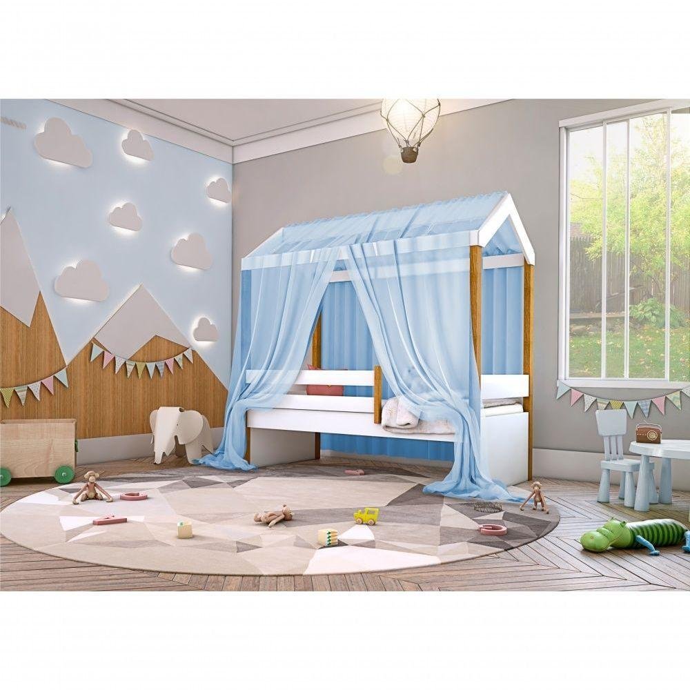 Cama Montessori Cabana Solteiro Com Colchão E Dossel Azul - 2