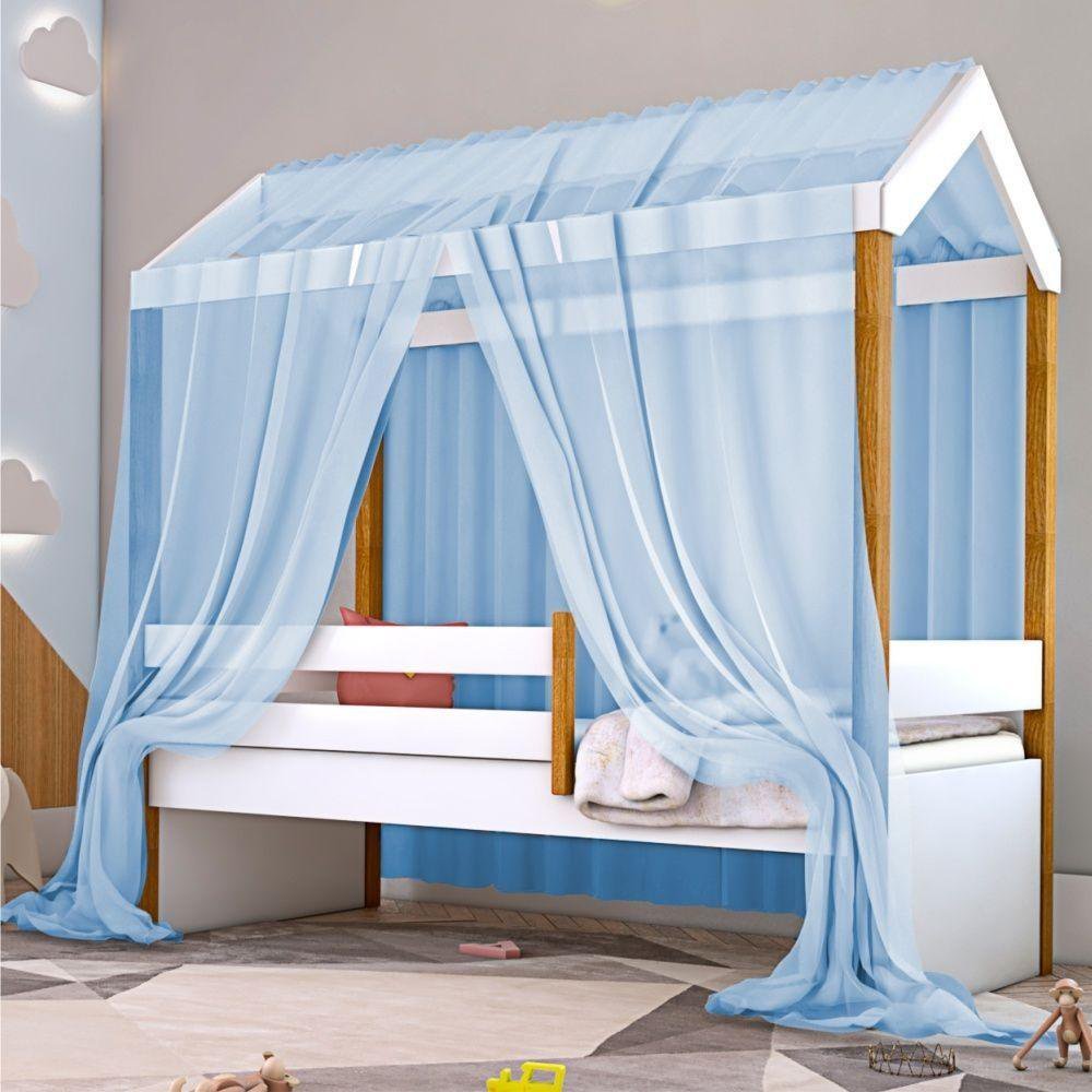 Cama Montessori Cabana Solteiro Com Colchão E Dossel Azul - 4