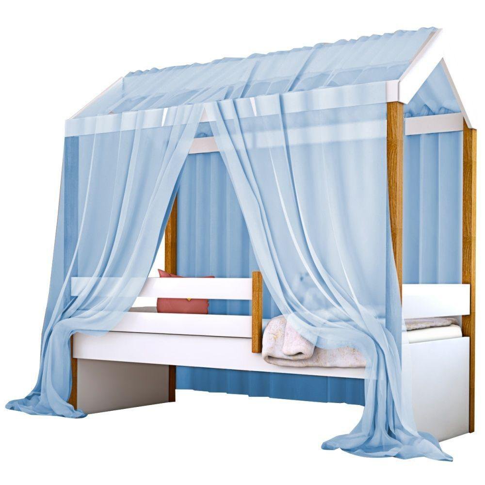 Cama Montessori Cabana Solteiro Com Colchão E Dossel Azul