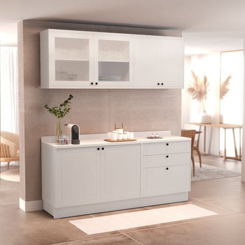 Cozinha Compacta Modulada 4 Peças 6 Portas 3 Gavetas com Tampo Sevilha Branco/Artico