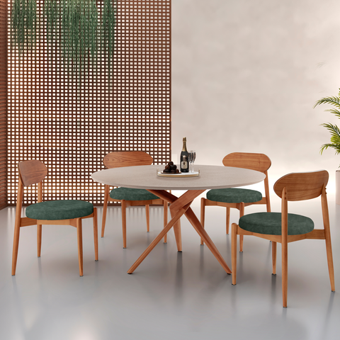 Conjunto Sala de Jantar Mesa 135cm Tampo Redondo Texturizado e 4 Cadeiras Hope Marrom/Jade/Imbuia/Of