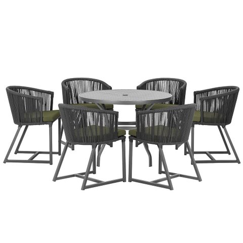Mesa com 6 Cadeiras de Jantar Roma 120cm e Noronha em Alumínio Preto Corda Náutica Estofado 13 Trama