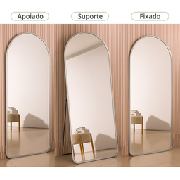 Espelho Grande Oval com Base Reta Moldura Prata Corpo Inteiro 150x60cm Decorativo Quarto Sala Closet - 3