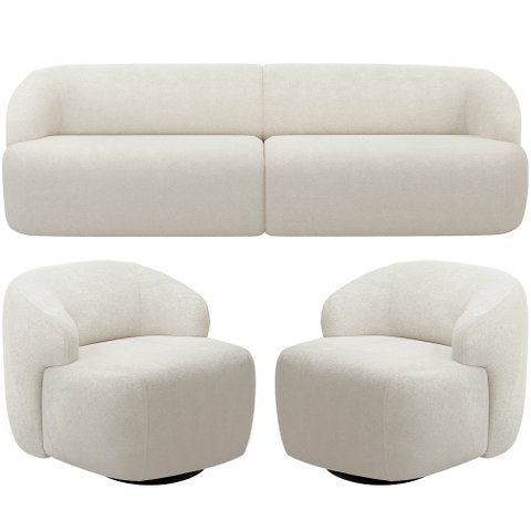Sofá 4 Lugares Curvo Orgânico com 02 Poltronas Para Sala Living 280cm Barolo L06 Bouclê Off White - 