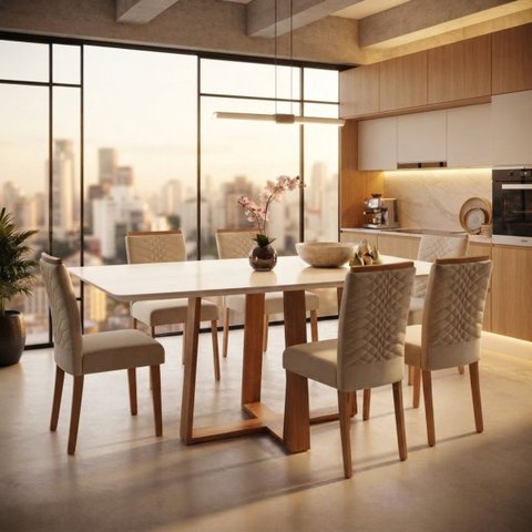 Conjunto Mesa Hamburgo e 6 Cadeiras Pegador Plus - Veludo Capuccino