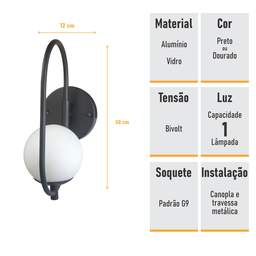 Arandela Parede Online Preta Globo de Vidro Branco - 8
