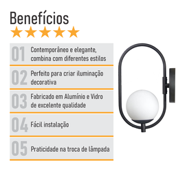 Arandela Parede Online Preta Globo de Vidro Branco - 9