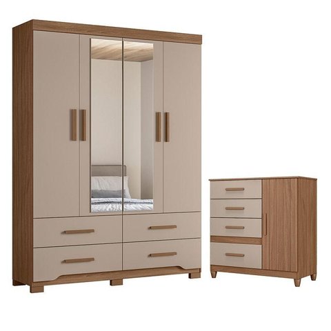 Guarda Roupa Solteiro Miami e Cômoda Vênus com Pés Carvalho Fendi – Moval