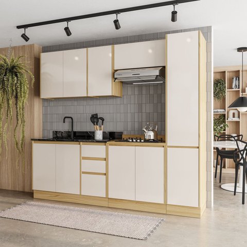 Cozinha com Rodapé 5 Peças Paneleiro Aéreo 3 Portas Balcão 120 Balcão 80 e Basculante Campanele Bege/Nogueira/Off White