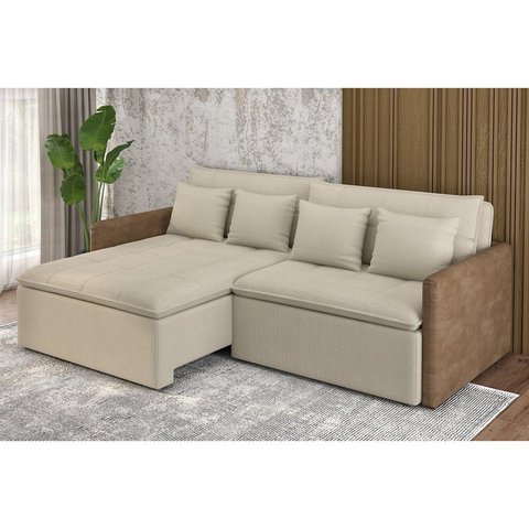 Sofá Cama com Molas Retrátil 220cm 4 Almofadas Varsóvia Linho