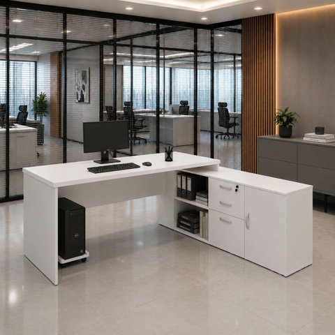 Mesa de Escritório Pedestal Presidente em L 190x160cm Executiva Tampo 30mm Armário Lateral 3 Gavetas