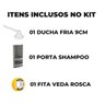 Chuveiro Ducha Fria Redondo 9cm Branco + Suporte de Canto Porta Shampoo Cinza + Veda Rosca - 2
