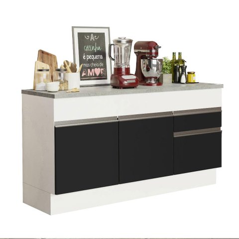 Balcão de Pia Armário de Cozinha 150 cm 2 Portas e 2 Gavetas (Com Tampo) Branco/Preto Glamy Madesa
