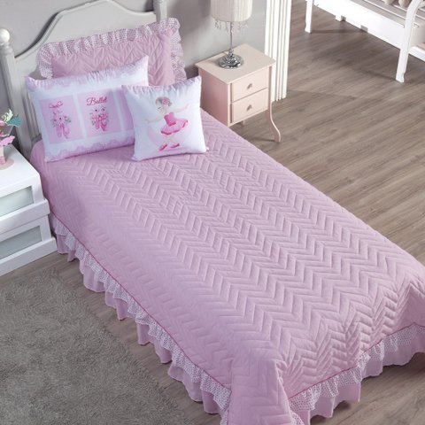 Cobre Leito Com Babado Bordado Ballet Solteiro 5 Peças - Rosa AQUARELA ENXOVAIS