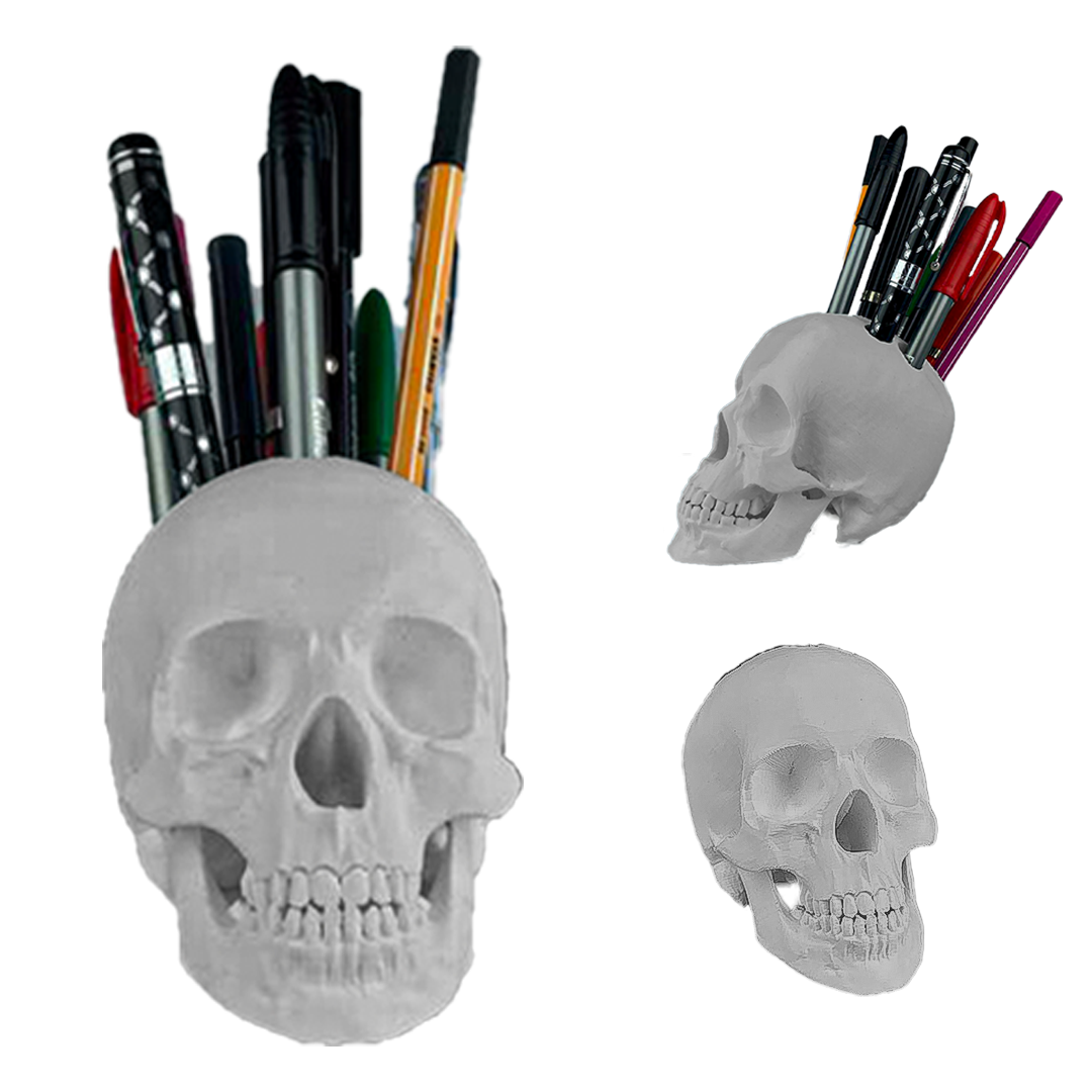 Caveira 3D Porta caneta, lápis, pincel - Cinza