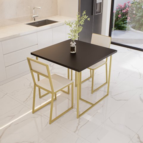 Conjunto Mesa de Jantar Quadrada Preta 2 Cadeiras Estofado Riviera Industrial Don Castro Branco