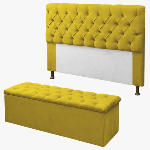 Kit Cabeceira + Calçadeira Baú Mirage King 195cm Amarelo - LM DECOR