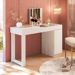 Escrivaninha Penteadeira Camarim Mesa de Maquiagem com Espelho Love Branco Fosco - Mabe Magazine - 3