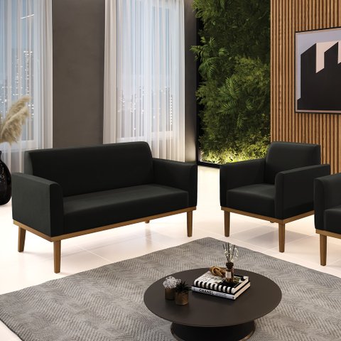 Conjunto Poltrona e Namoradeira Decorativa Isabella Pés Fixo em Madeira Castanho Suede Preto G19 - G