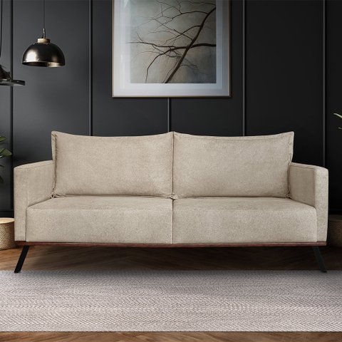 Sofá Living 3 Lugares com Pés de Ferro Almofadas Soltas 220cm Saiph Bouclê Bege G63 - Gran Belo