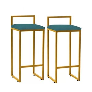 Kit 2 Banquetas Altas Industrial em Aço Jade Dourado Assento Suede Azul Turquesa