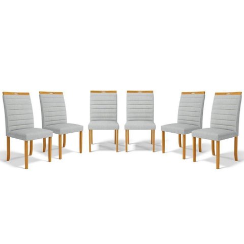 Kit com 6 Cadeiras Sara Madeira Maciça Estofadas para Mesa de Jantar Linho Cinza 407