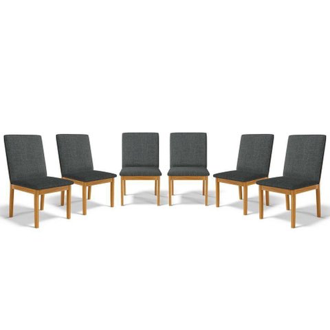 Kit com 6 Cadeiras Daniela Madeira Maciça Estofada para Mesa de Jantar Linho Chumbo 406