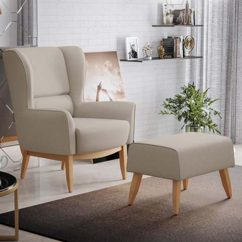 Poltrona Decorativa Fixa Base de Madeira Milena D02 Linho Bege C-107 - Lyam Decor