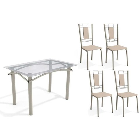 Conjunto: Mesa Sala Jantar Elba C/ Tampo de Vidro 120cm e 4 Cadeiras Florença Niquel - Courano Bege